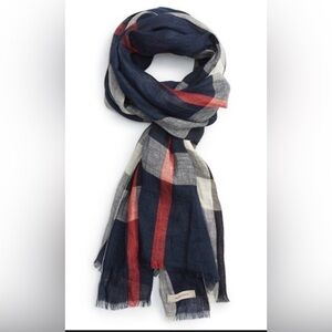 Burberry Navy and Red Plaid Crinkled Linen Check Scarf
